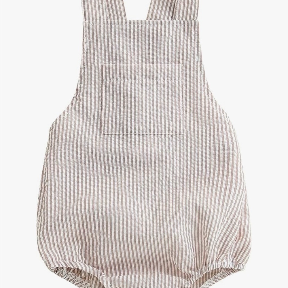 Striped Linen Baby Romper in Beige and White